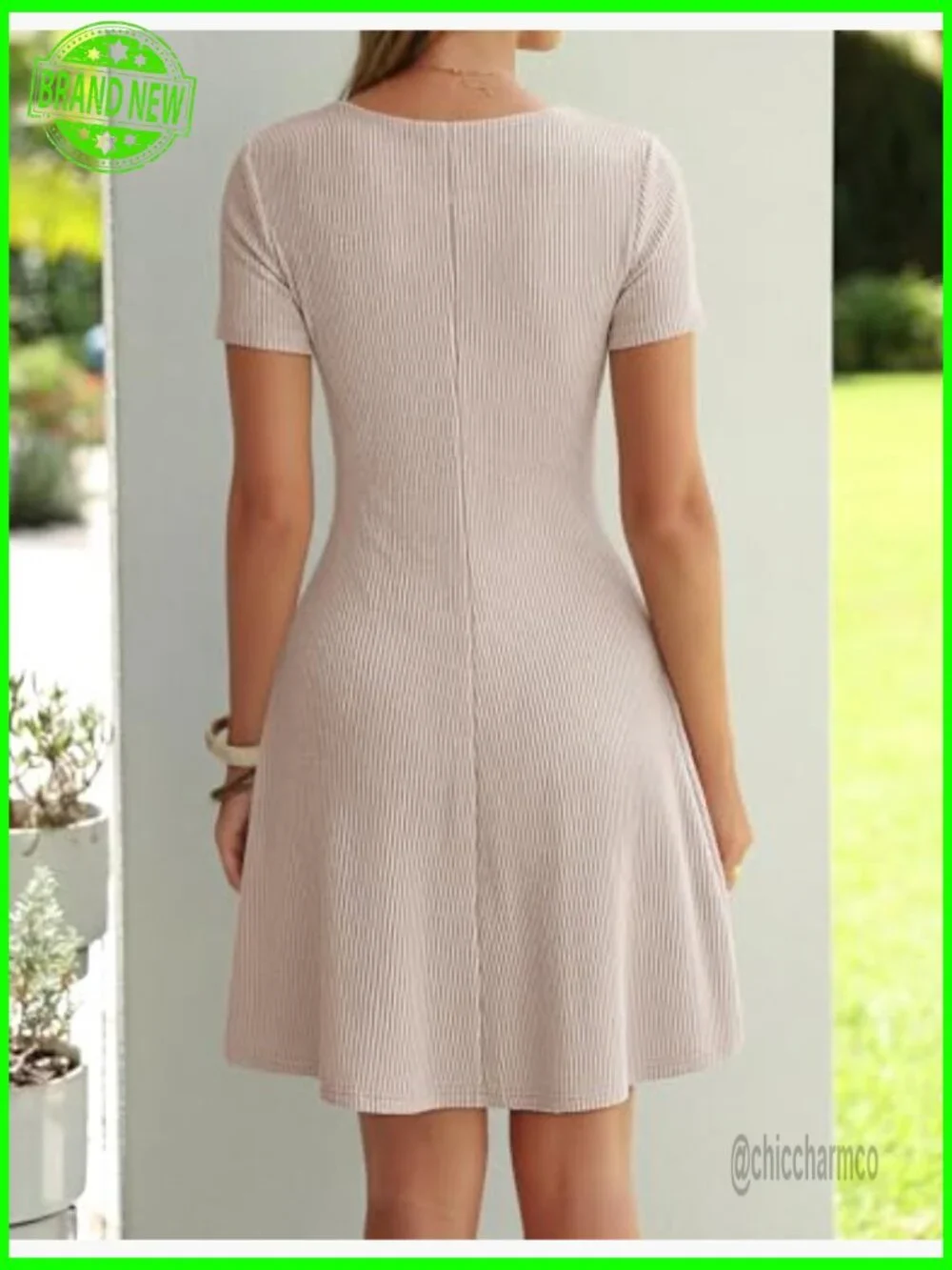 V-Neck Ribbed Knit Mini Dress Short Sleeve A-Line Casual Work Summer - Picture 4 of 7